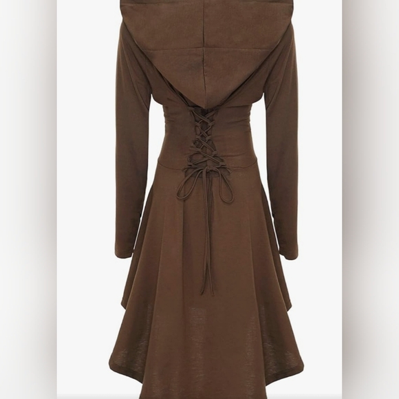 Hooded robber style dress with faux suede leather drawstrings - Picture 1 of 11